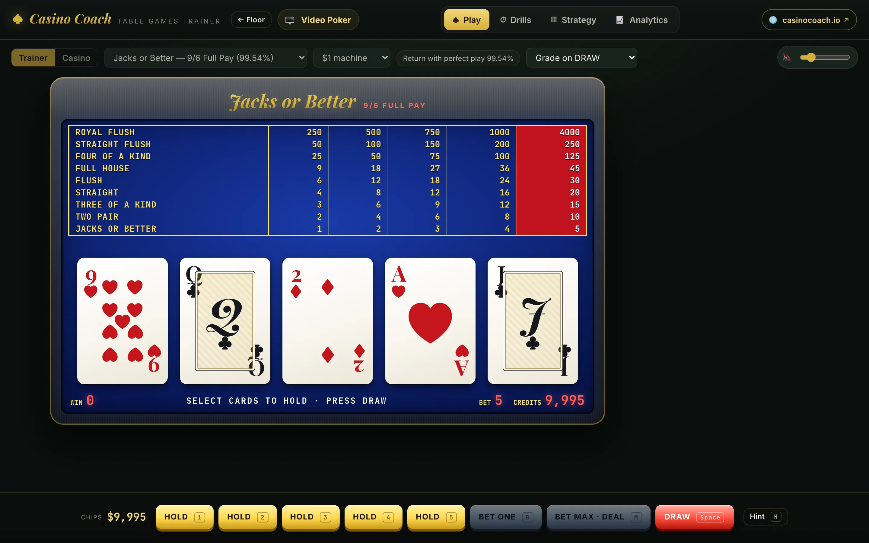Video poker machine in Casino Coach showing a 9/6 Jacks or Better paytable and a dealt hand.
